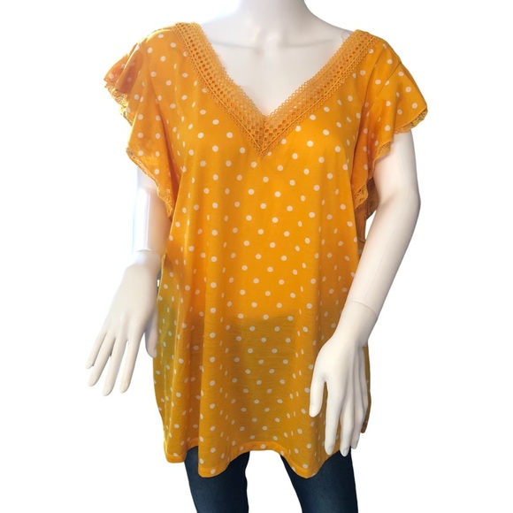 BOBBIE BROOKS Plus Size 3X Yellow with White Polka Dots Flutter Sleeve Vneck Top - Picture 1 of 8